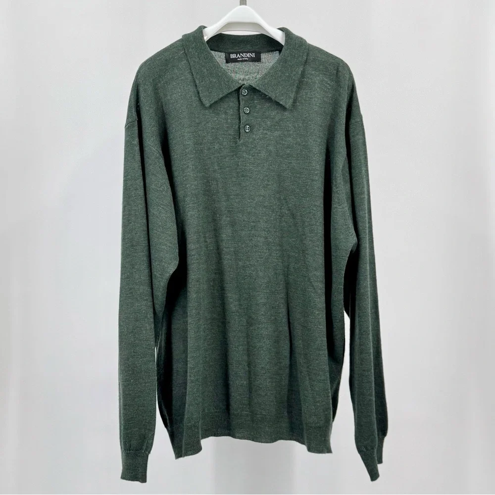 Brandini Forest Green Polo Sweater Extra Fine Merino Wool Classic Collar Size XL